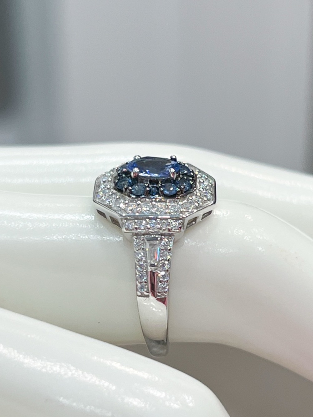 Ceylon Blue Sapphire &Moissanite Sterling Silver Double Halo Ring Sz 8 - Picture 9 of 12